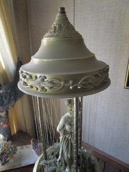 Vintage Rain Lamp Curved/Curled Urn Motif Top/Base w/ Grecian Statue Center w/ Faux Flowers