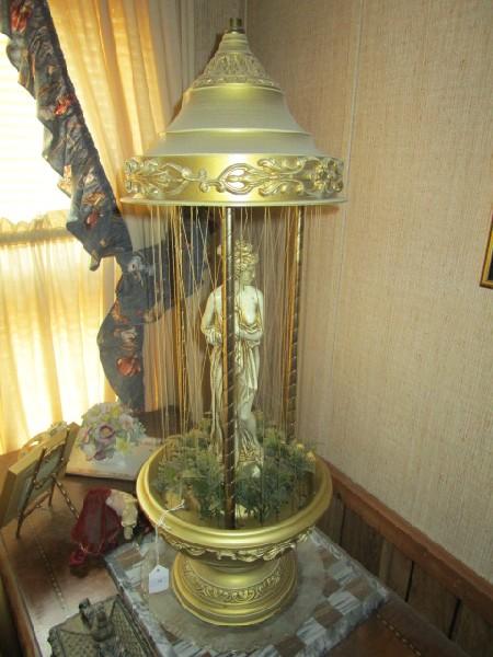 Vintage Rain Lamp Curved/Curled Urn Motif Top/Base w/ Grecian Statue Center w/ Faux Flowers