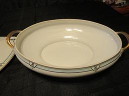 Marshall Field & Co. Made in Japan Oval Casserole Dish Blue Rim, Gilted Handles