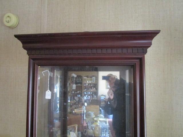 Wooden Display Cabinet Mirror Back, Lighted w/ Adjustable Glass Shelves