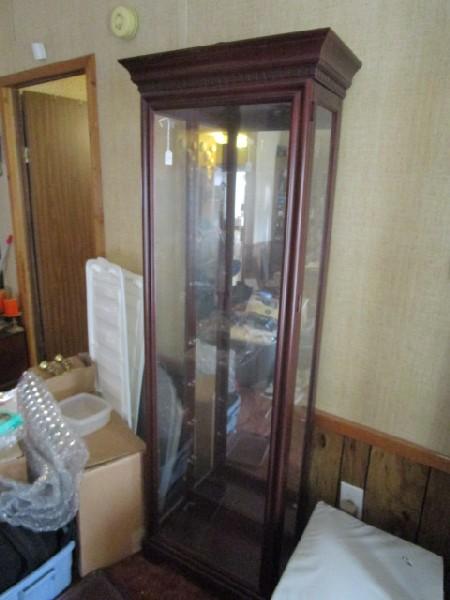 Wooden Display Cabinet Mirror Back, Lighted w/ Adjustable Glass Shelves