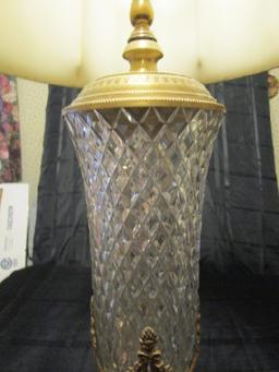 Diamond Cut Crystal Glass Body Lamp Urn Design, Sashay Motif/Brass Legs on Marble Base