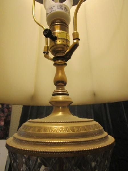 Diamond Cut Crystal Glass Body Lamp Urn Design, Sashay Motif/Brass Legs on Marble Base