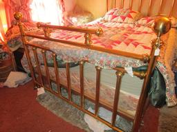 Mid-Century Modern Brass Vintage Bed Slat Headboard, Footboard, Ball Top Finials w/ Rails