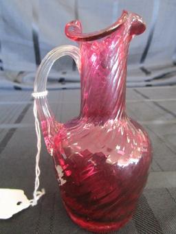 Miniature Hand Blown Cranberry Glass Pitcher w/ Clear Handle, Twist Motif