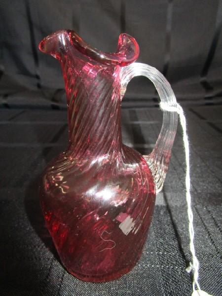 Miniature Hand Blown Cranberry Glass Pitcher w/ Clear Handle, Twist Motif