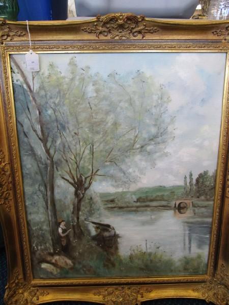 Oil on Canvas Hand Painted River Scene in Ornate Gilted Wooden Frame