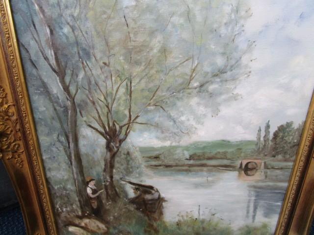 Oil on Canvas Hand Painted River Scene in Ornate Gilted Wooden Frame