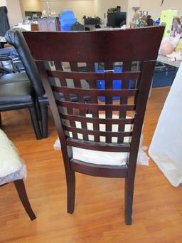 Cherry Wood Dining Chairs 2 w/ Lattice Back, Cream Upholstered Seats, Curved Front Legs