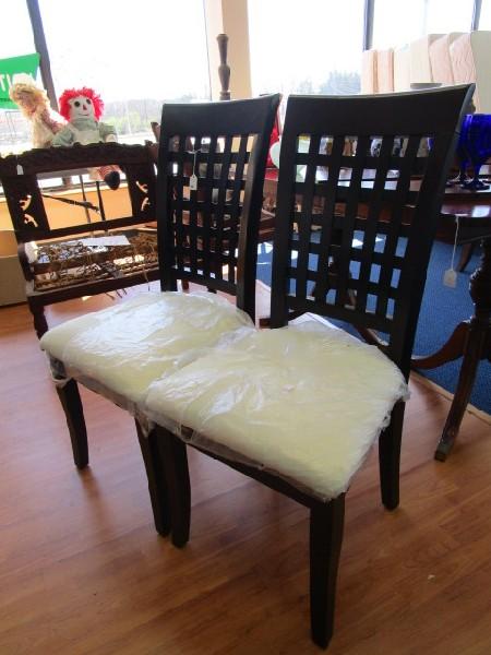 Cherry Wood Dining Chairs 2 w/ Lattice Back, Cream Upholstered Seats, Curved Front Legs