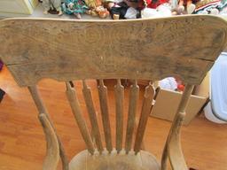 Vintage Wooden Rocking Chair, Carved Embellished Top Rolled Arms, Slat Back