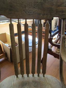 Vintage Wooden Rocking Chair, Carved Embellished Top Rolled Arms, Slat Back