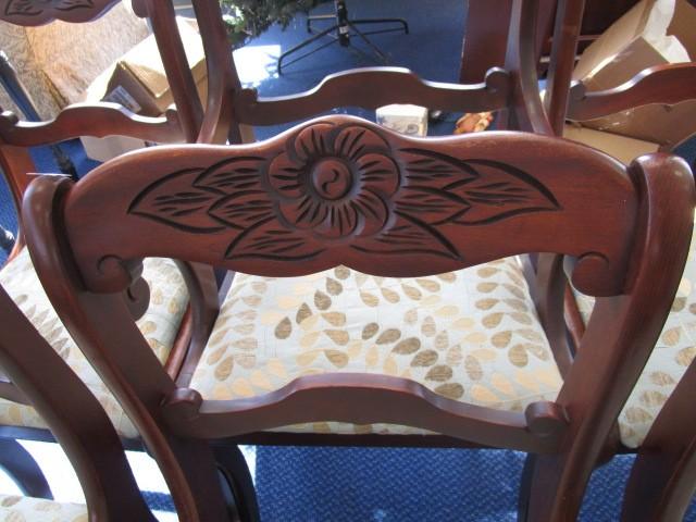 6 Wooden Dining Chairs Ladder Back Bow/Rolled Motif w/ Carved Floral Pediment, Curved Legs