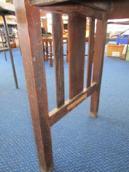 Antique Vintage Dark Wood Table Block Legs w/ Wooden Slat Sides, Carved Embellished Motif