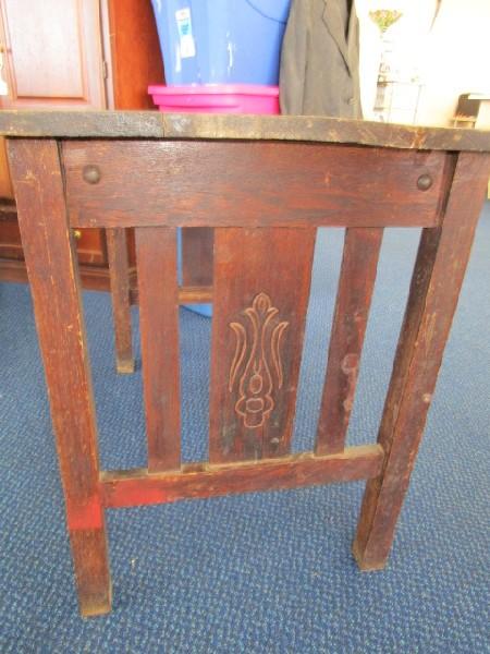 Antique Vintage Dark Wood Table Block Legs w/ Wooden Slat Sides, Carved Embellished Motif