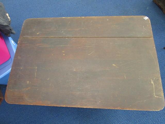 Antique Vintage Dark Wood Table Block Legs w/ Wooden Slat Sides, Carved Embellished Motif