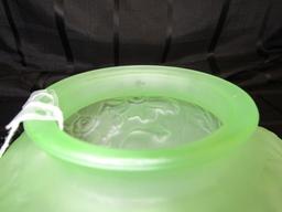 Uranium Satin Green Glass Vase w/ Floral Motif, Wide Body