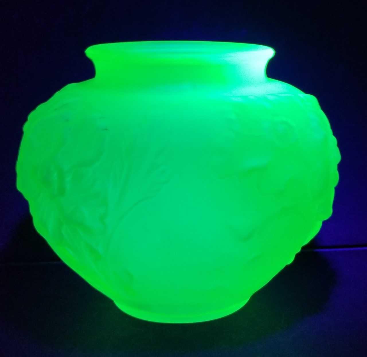 Uranium Satin Green Glass Vase w/ Floral Motif, Wide Body