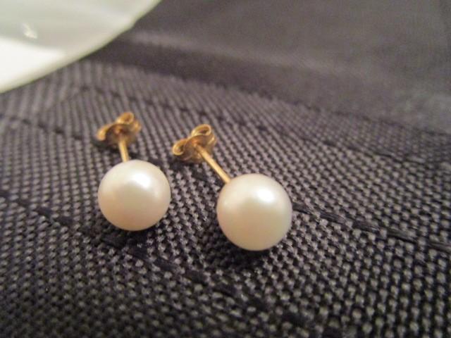 Pair - Pearl Earrings Pin Back w/ 14k Stamp