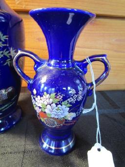 3 Dark Blue Ceramic Asian Bird/Floral Gilted Pattern Vases