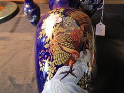 3 Dark Blue Ceramic Asian Bird/Floral Gilted Pattern Vases