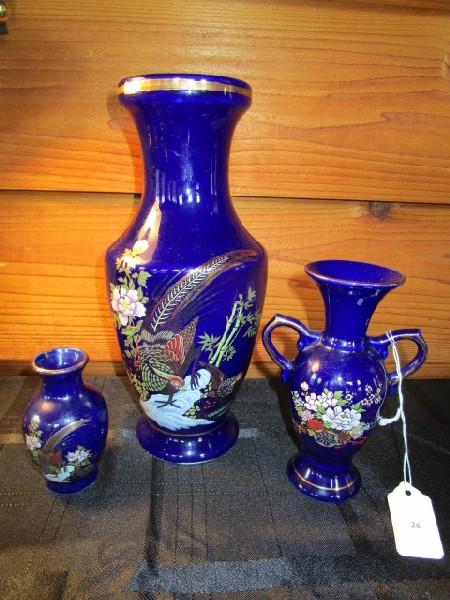 3 Dark Blue Ceramic Asian Bird/Floral Gilted Pattern Vases