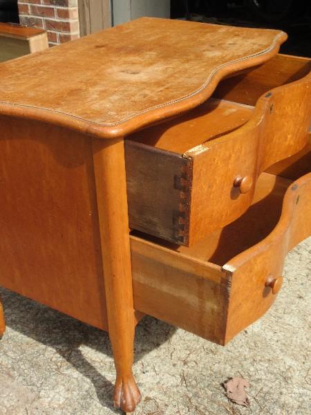 Elegant Birds Eye Maple 2 Drawer Chest w/ Serpentine Front, Paw Feet on Wooden Casters