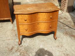 Elegant Birds Eye Maple 2 Drawer Chest w/ Serpentine Front, Paw Feet on Wooden Casters