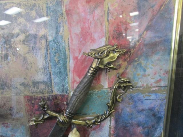 Asian/Chinese Motif Shadowbox w/ Uyghur Sword, Fan, Brass Dragon, Ceramic Figure