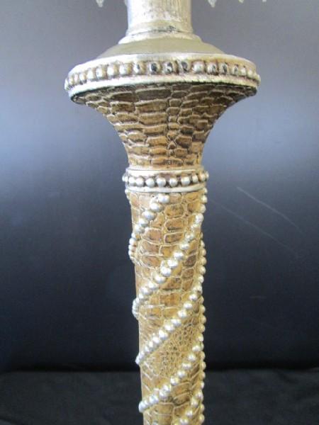 Beaded Twist Design Lamp w/ Shade w/ Bobeches, Antique Patina