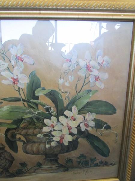 Flowers in Planters Prints Banbarer Moch Artist Signed in Gilted Rope Trim Wood Frame/Matt