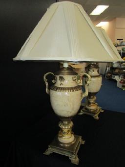 Pair - Grecian Urn Design Lamps Craqulure/Cream Ceramic Body, Brass Scalloped