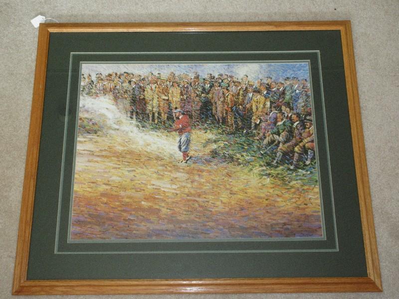 Impressionism Golfer in Sand Trap w/ On Lookers Scene Print in Natural Oak Finish Frame/Matt