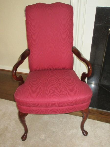 Queen Anne Style Shepherd's Crook Arm Chair on Cabriole Leg & Mahogany Trim