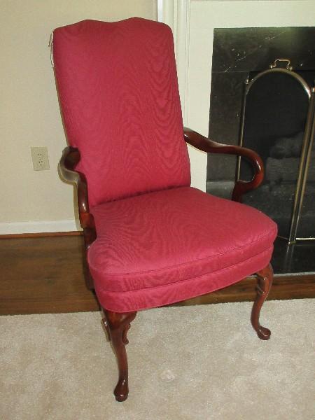 Queen Anne Style Shepherd's Crook Arm Chair on Cabriole Leg & Mahogany Trim