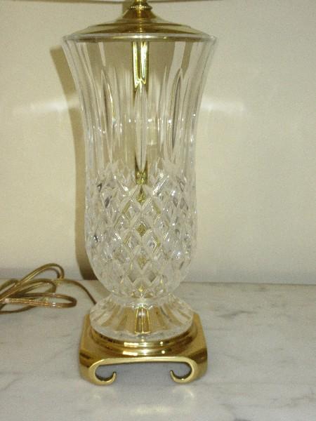 Pair - Lead Crystal Vase Form Table Lamps Diamond Pattern on Brass Chinoiserie Base