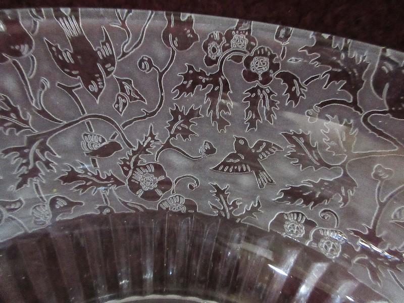 Depression Glass Heavily Etched Birds & Flowering Vine Foliate Design Footed Bowl