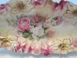 Porcelain Celery Dish Relief Flowers, Gilt Trim w/ Floral Rose Buds Sprays Transfer