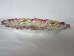 Porcelain Celery Dish Relief Flowers, Gilt Trim w/ Floral Rose Buds Sprays Transfer