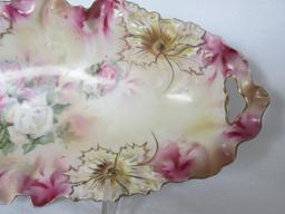 Porcelain Celery Dish Relief Flowers, Gilt Trim w/ Floral Rose Buds Sprays Transfer