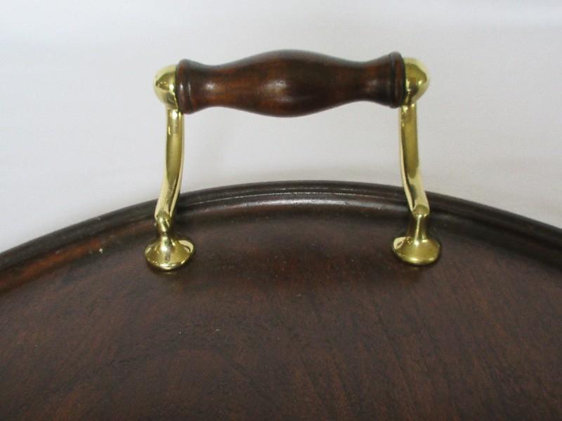 Marquetry Edwardian Style Mahogany Oval Brass/Wood Handled Serving Footed Tray