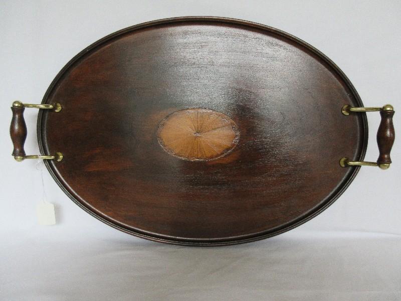 Marquetry Edwardian Style Mahogany Oval Brass/Wood Handled Serving Footed Tray