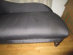 Blue Upholstered Fainting Couch Curled Arm, Curved Side, Spindle Legs, Brass Pin Trim