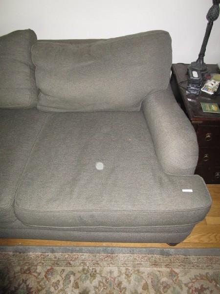 Alisa Sofa 3 Seat Grey Upholstered, Scalloped Wood Feet