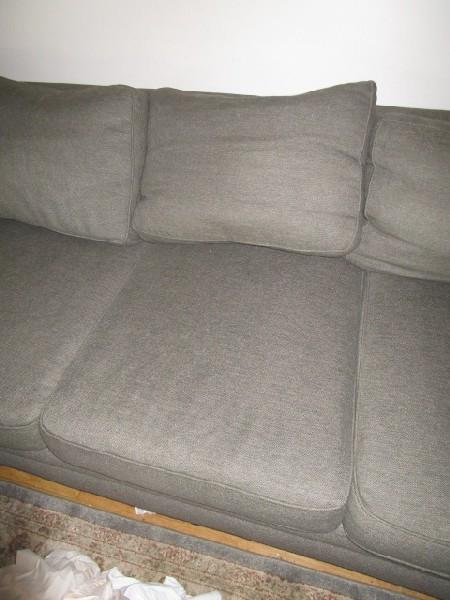 Alisa Sofa 3 Seat Grey Upholstered, Scalloped Wood Feet