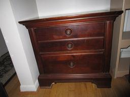 Stanley Furniture 2 Drawer Side Table, Bracket Feet, 3 Wood, Circle Motif Pulls, Dovetailed