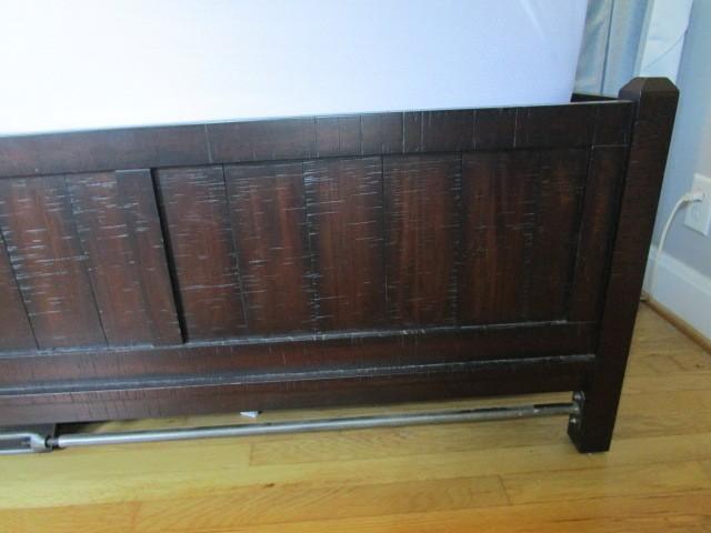 KING Wooden Bedframe w/ Headboard Metal Stretchers, Dark/Antiqued Wood Motif