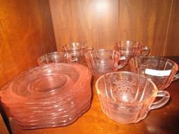 Rose Depression Glass 7 Saucers, 6 Cups 6" D