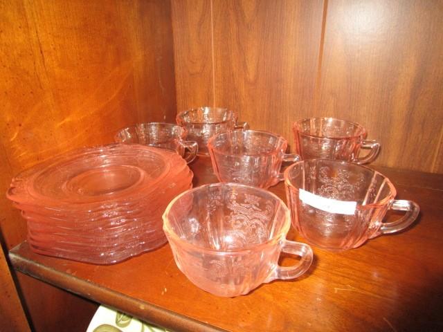 Rose Depression Glass 7 Saucers, 6 Cups 6" D