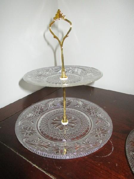 Pair - Pressed/Prescut Glass 2-Tier Cake Holders/Servers w/ Brass Handles